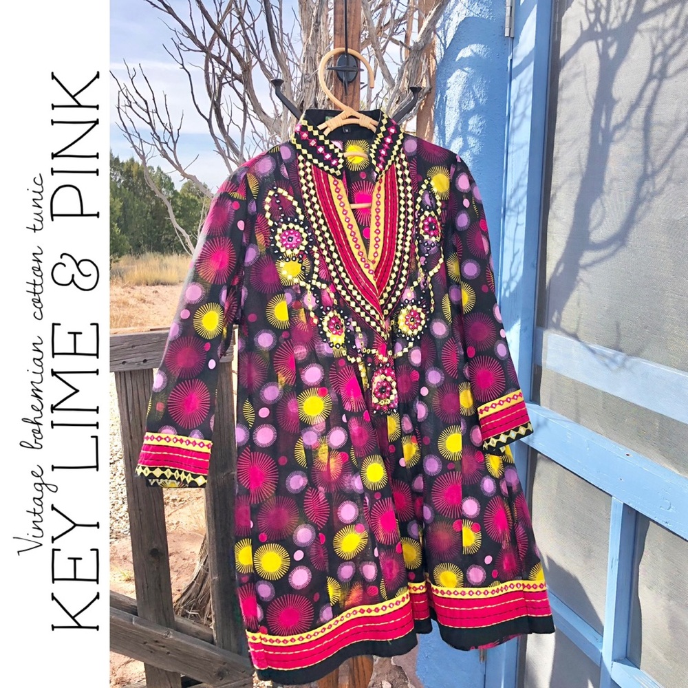 Vintage Key Lime & Pink Bohemian Tunic Blouse